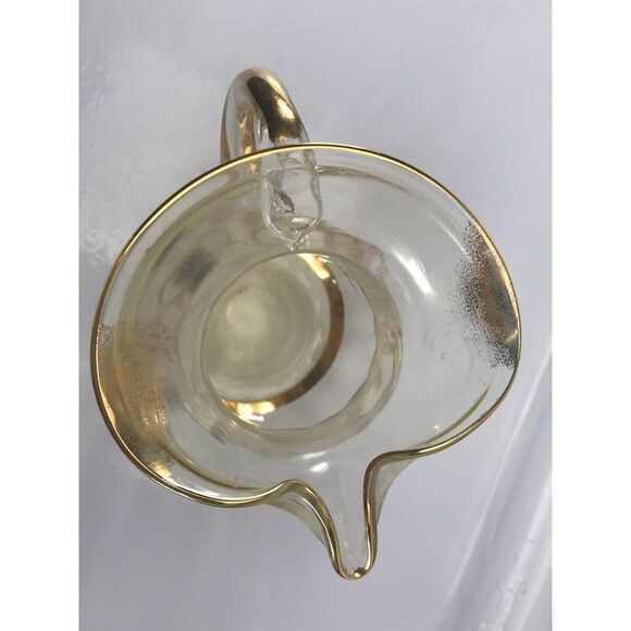 VTG Floral Painted Yellow Glass Pitcher Gold Trim 7.25" - Picture 8 of 12